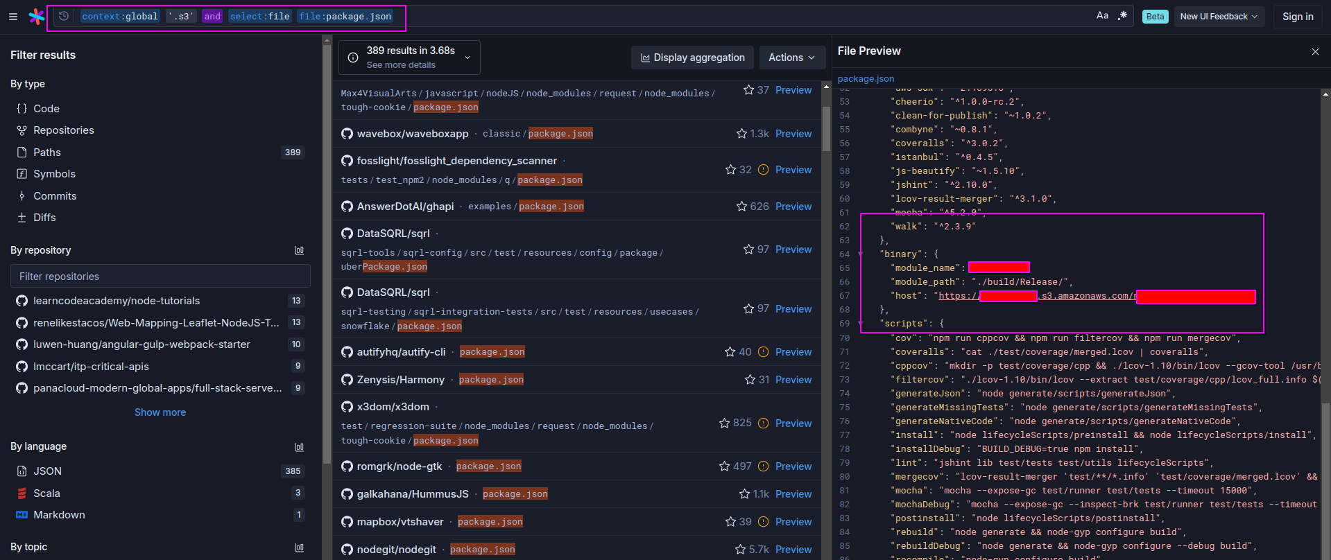 Searching for s3 buckets on sourcegraph